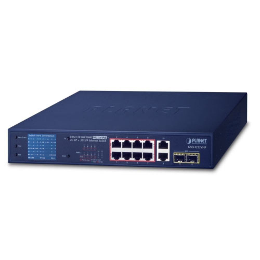 Planet GSD-1222VHP 8 port Gigabit 203.3at PoE + 2 port Gigabit + 2 port Gigabit SFP Switch